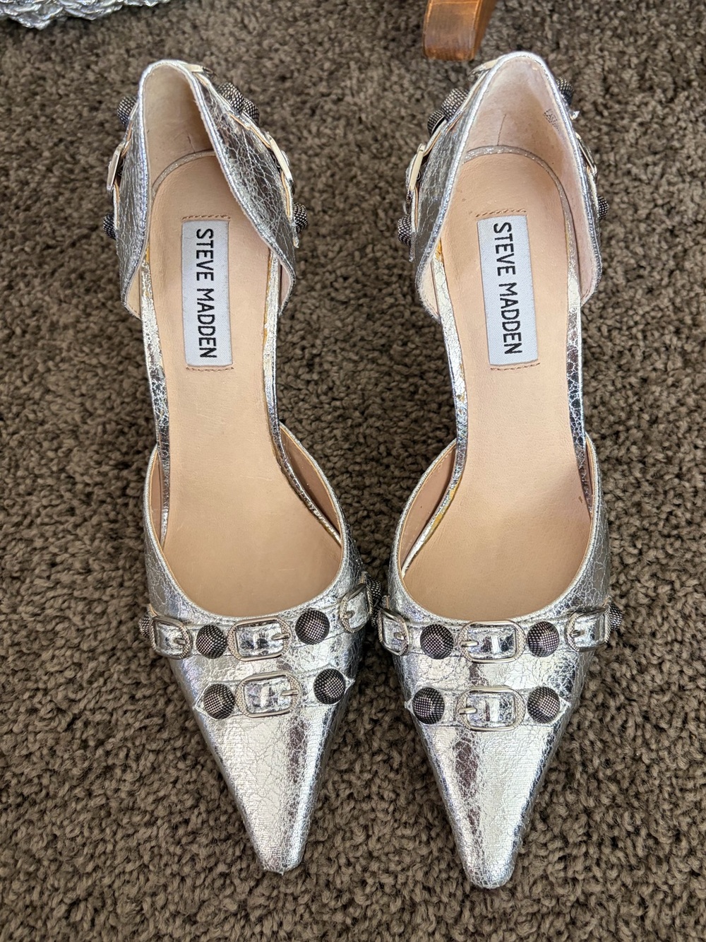 Steve Madden Metallic Silver Pointed D'Orsay Heels with Stud Accents